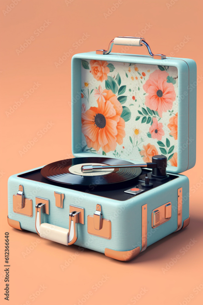 Poster a portable suitcase record player in a retro floral pattern, allowing music enthusiasts to enjoy the