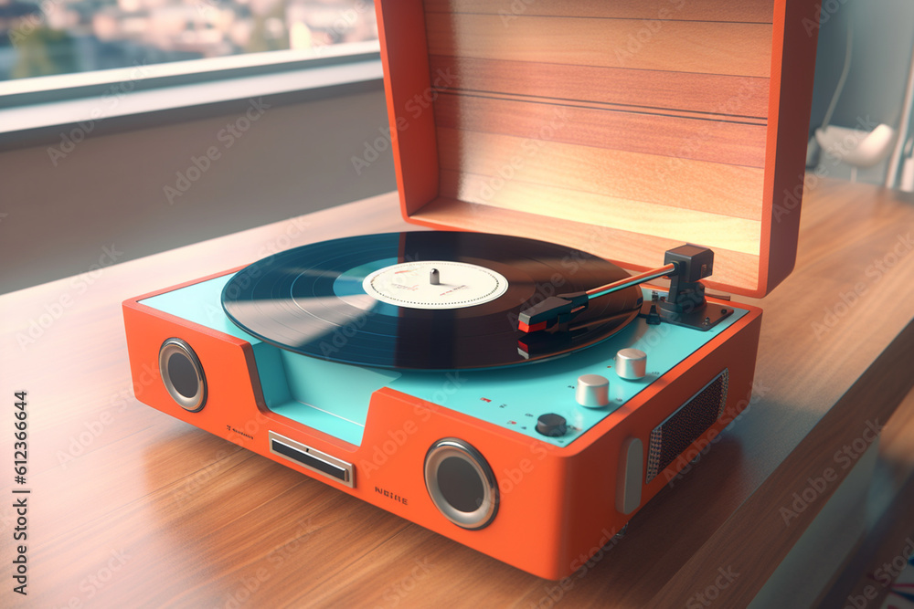 Leinwandbilder A vintage record player with a wooden base and chrome accents, featuring a modern twist with built-in Bluetooth connectivity for wireless playback. Generative AI technology.