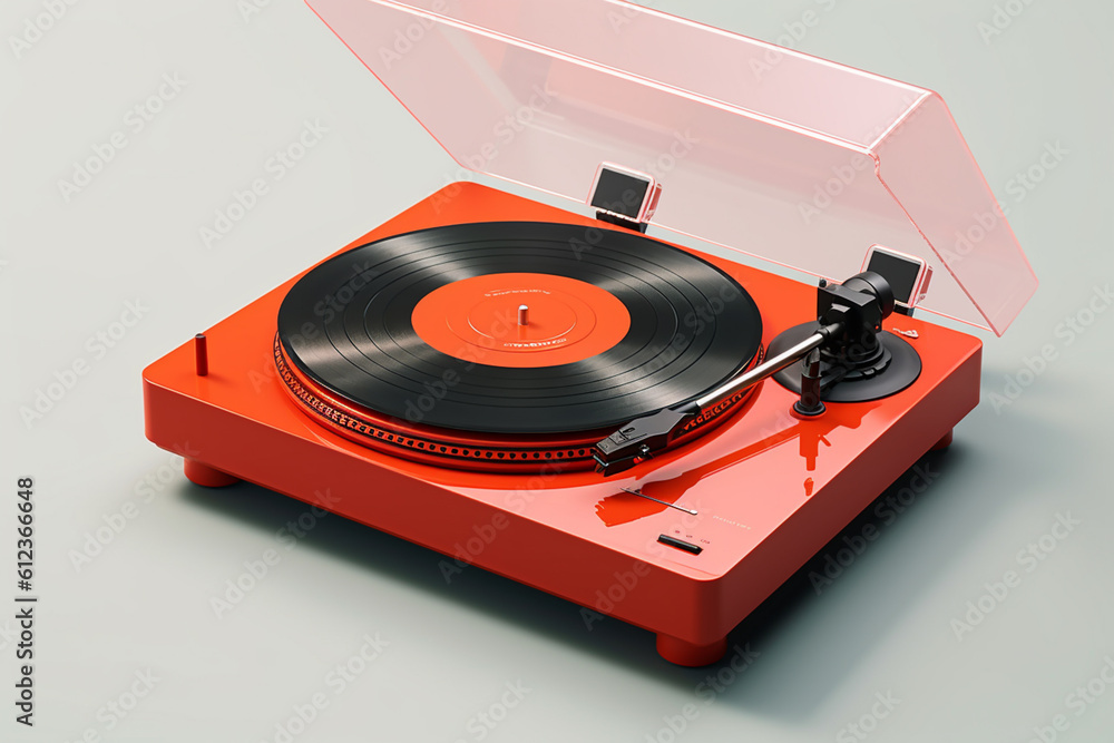 Aufkleber A retro turntable in a bold red color, equipped with USB connectivity for digitizing vinyl records and preserving them in a modern format. Generative AI technology.