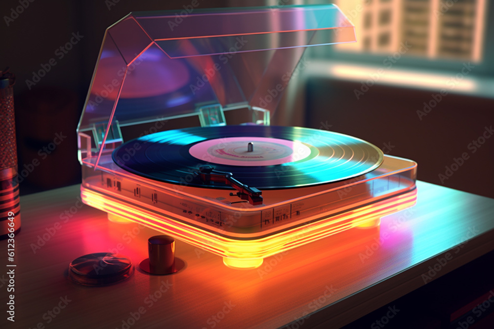 Fototapete A retro-inspired record player with a transparent acrylic plinth and LED-lit turntable, creating a mesmerizing visual experience while playing vinyl records.  Generative AI technology.