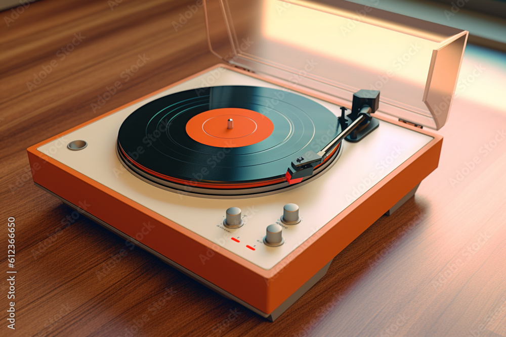 Fototapete A vintage record player with a mid-century modern design, featuring a minimalist aesthetic with a walnut wood finish and brushed metal controls.  Generative AI technology.