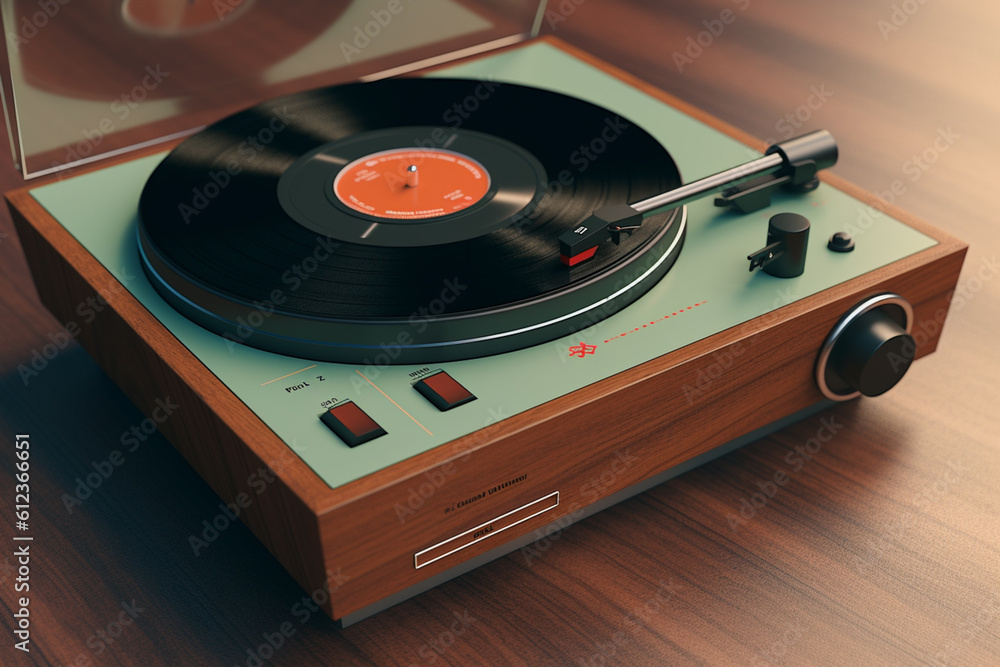 Poster a vintage record player with a mid-century modern design, featuring a minimalist aesthetic with a wa