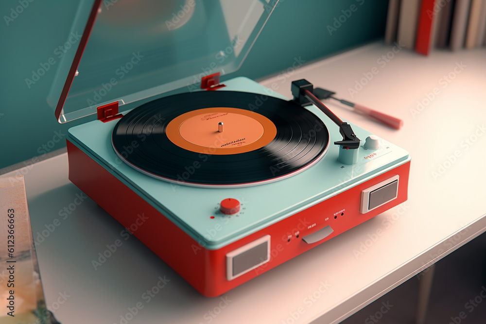 Poster a vintage-inspired record player with a built-in amplifier and speakers, offering a compact all-in-o