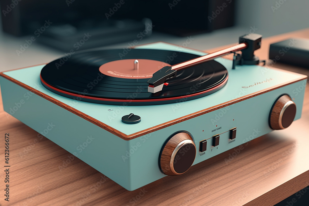 Poster a record player with a retro-inspired design, featuring a solid wood construction and brass tonearm,