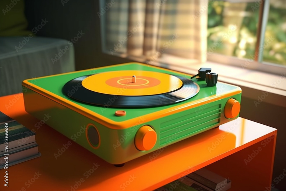 Aufkleber a retro-inspired record player with a bright green finish, showcasing a playful and vibrant design t