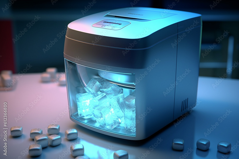 Poster A compact and portable ice maker, providing a steady supply of ice cubes for parties, gatherings, and everyday use. Generative AI technology.