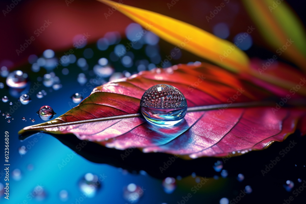 Poster A droplet of water on a leaf, showcasing the mesmerizing reflections and surface tension at a microscopic level.  Generative AI technology.