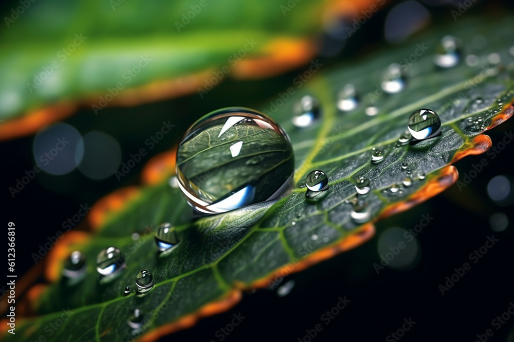Poster a droplet of water on a leaf, showcasing the mesmerizing reflections and surface tension at a micros