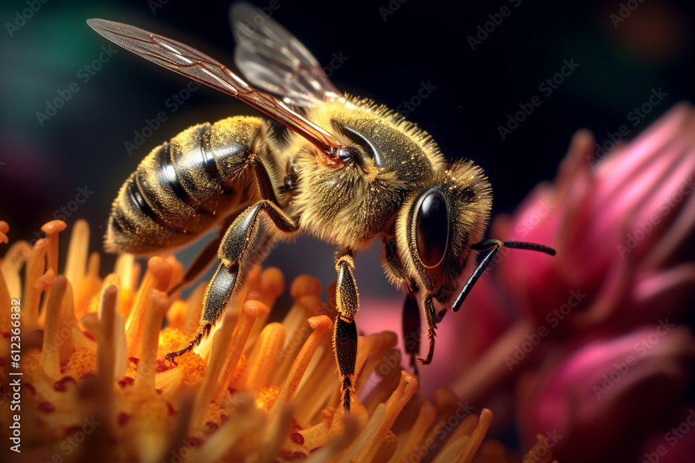 Poster A close-up of a bee collecting pollen from a flower, highlighting the fine hairs and intricate anatomy of the insect.  Generative AI technology.