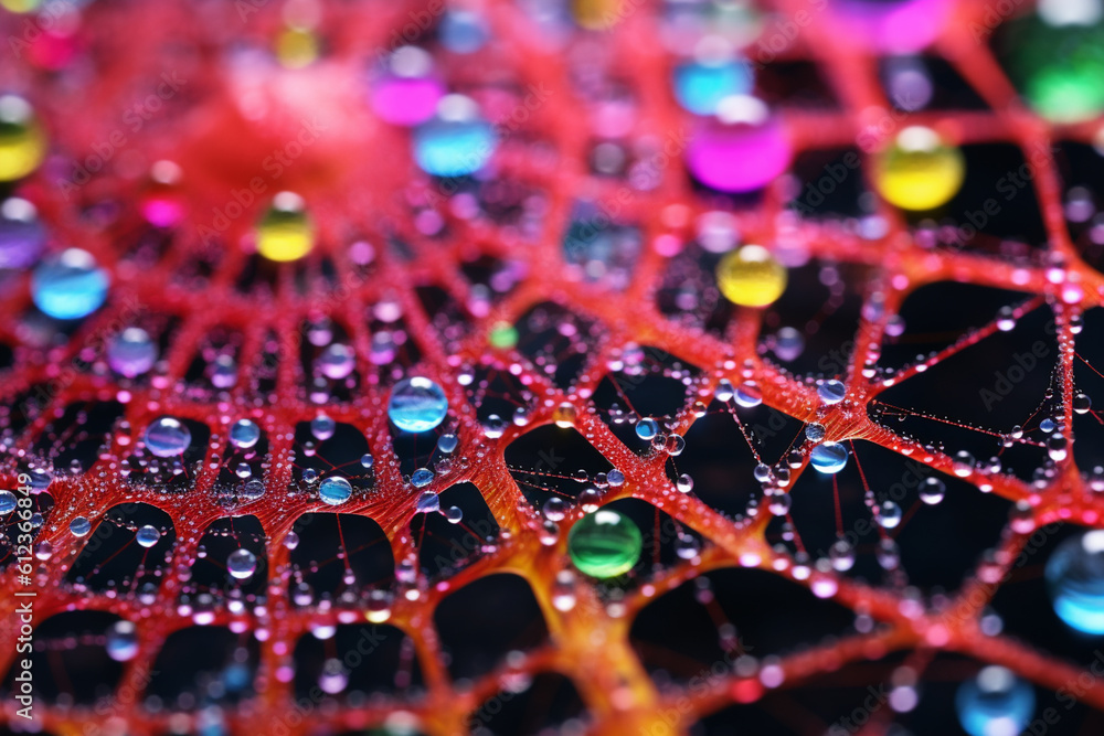 Poster a close-up of a dew-covered spiderweb, highlighting the intricate network of threads and water dropl