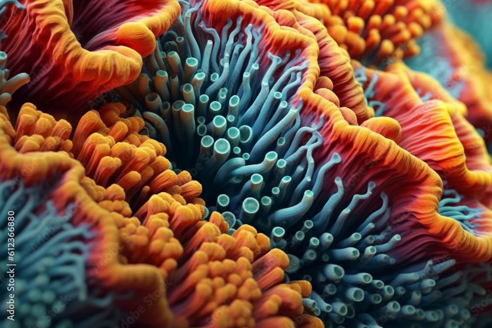 Poster The intricate patterns and textures of a piece of coral, capturing its unique shapes and formations. Generative AI technology.
