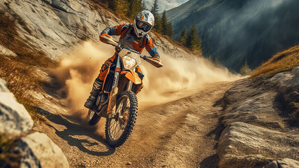 Fototapeta na wymiar Motocross racer accelerating in dirt track. Generative Ai