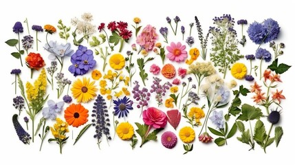 Obraz na płótnie Canvas Collection beautiful garden flowers, Roses, tulips, sunflowers, lavender, dhalia,Lilies, pansies, delphiniums, colorfull, photo, isolated, transparent background, top view, flat lay, AI generated