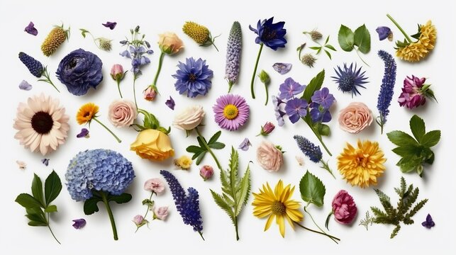 Collection beautiful garden flowers, Roses, tulips, sunflowers, lavender, dhalia,Lilies, pansies, delphiniums, colorfull, photo, isolated, transparent background, top view, flat lay, AI generated