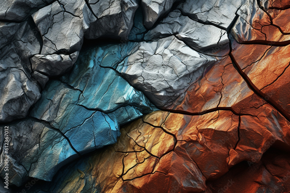 Poster The intricate patterns and textures of a rock formation, capturing its unique layers, cracks, and mineral compositions. Generative AI technology.