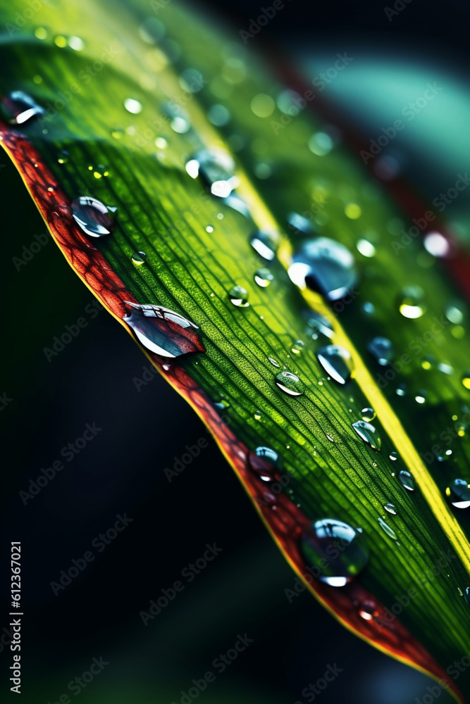 Aufkleber A close-up of a raindrop on a plant leaf, showcasing the distorted reflection and the interaction between water and surface. Generative AI technology.