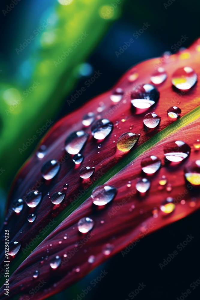 Aufkleber A close-up of a raindrop on a plant leaf, showcasing the distorted reflection and the interaction between water and surface. Generative AI technology.