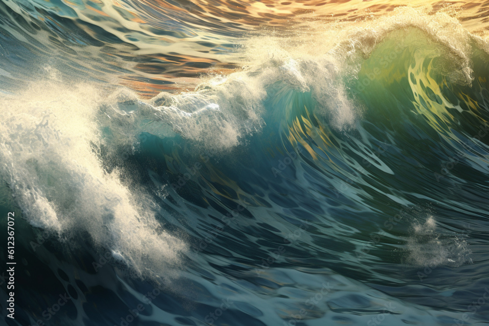 Poster a complex pattern of interlocking waves and oceanic elements, evoking a sense of fluidity and moveme