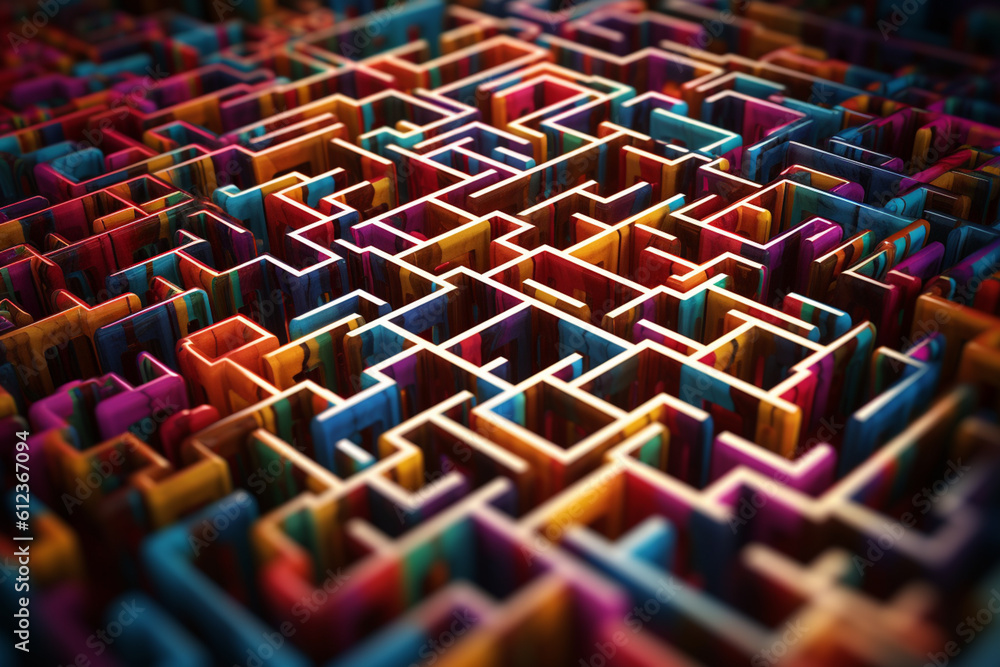Poster A labyrinthine pattern of interlocking paths and corridors, representing a journey or exploration. Generative AI technology.