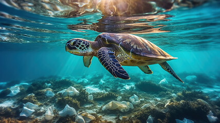 Naklejka na ściany i meble Plastic pollution in ocean environmental problem. Turtles can eat plastic bags. Generative Ai