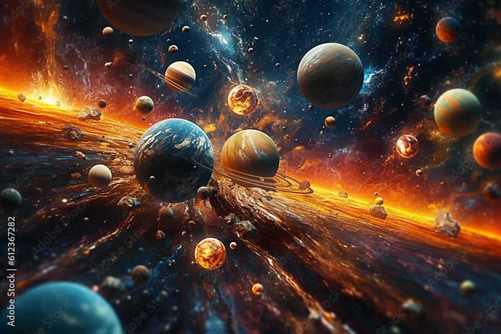 Poster An interlocking pattern of celestial bodies and constellations, symbolizing the vastness and wonder of the universe. Generative AI technology.