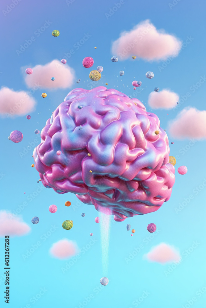 Poster a dreamy pastel brain surrounded by fluffy clouds and floating stars, symbolizing imagination and cr