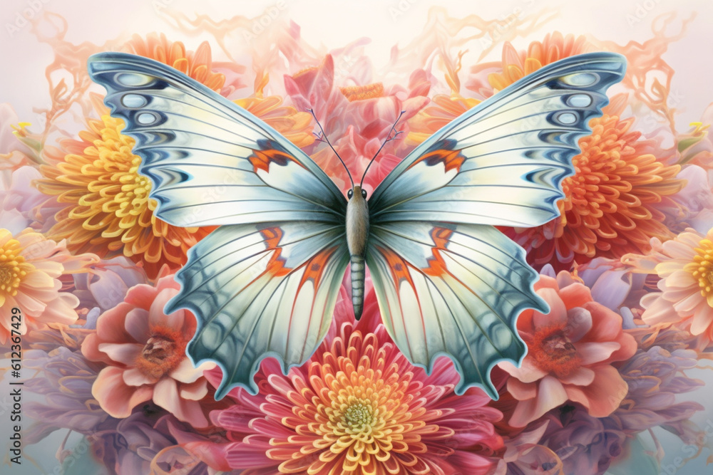 Poster a pastel-colored butterfly with intricate patterns and delicate wings, floating gracefully amidst pa