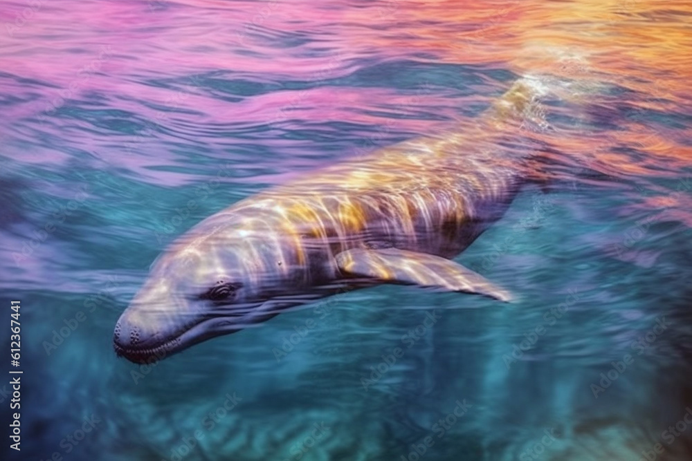 Poster a pastel whale swimming in a sea of soft pastel waves, its gentle presence conveying a sense of calm