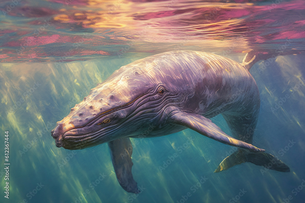 Poster a pastel whale swimming in a sea of soft pastel waves, its gentle presence conveying a sense of calm