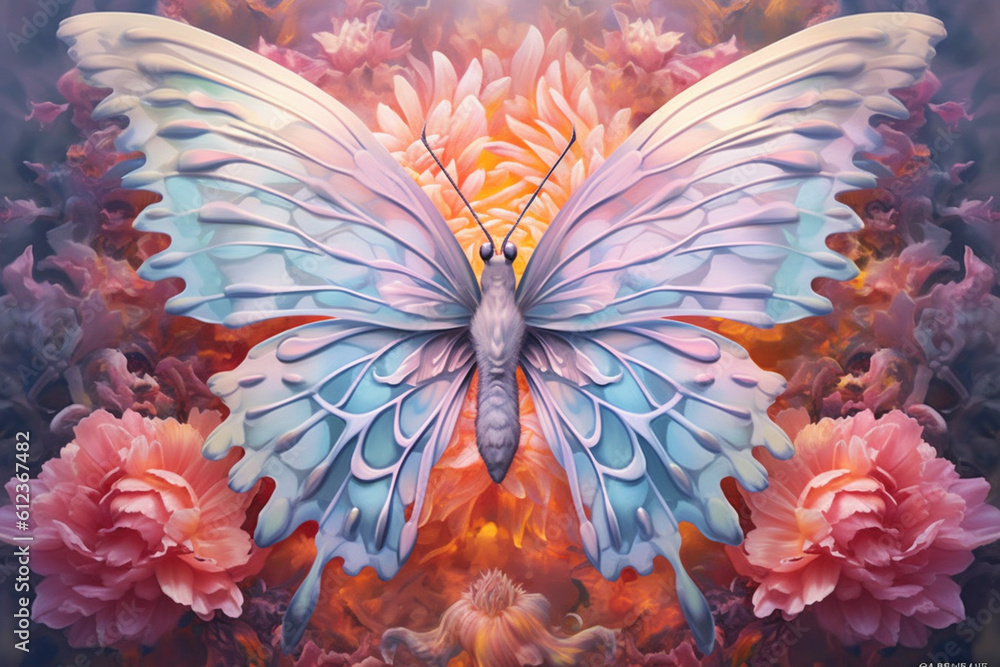 Aufkleber A pastel butterfly with intricate patterns and delicate wings, hovering above pastel flowers in a serene and enchanting scene. Generative AI technology.