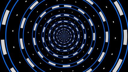 Three-dimensional tunnel of circles in blue color, white color, and grey color.