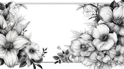 black and white frame, hand drawn black and white flowers around the frame
