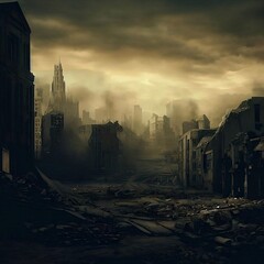 Dilapidated city after the war. Made by AI bing image creator.