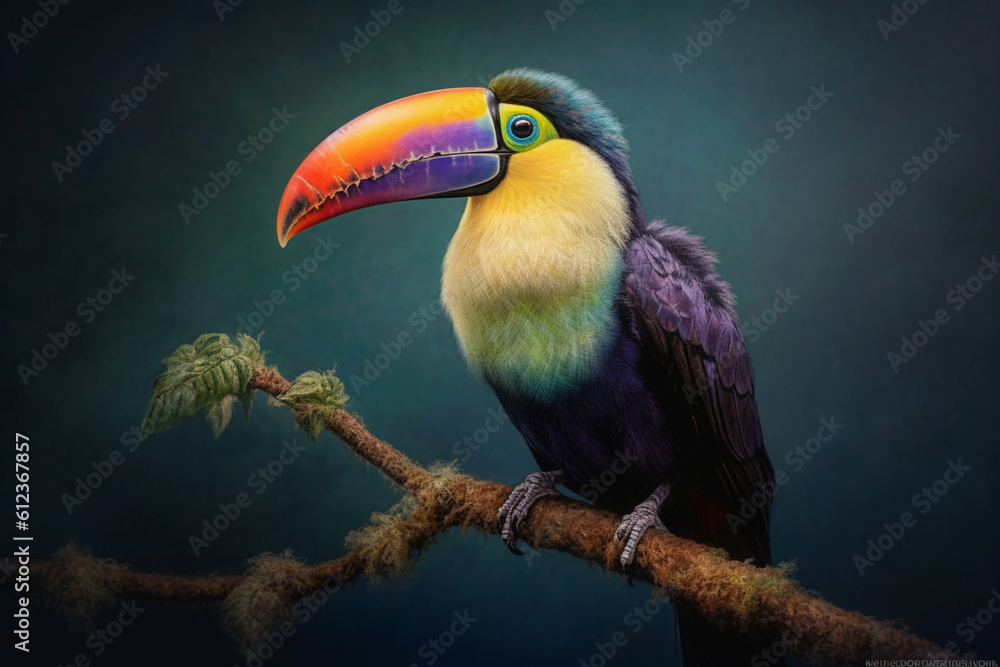 Poster a pastel toucan perched on a branch, its feathers adorned with subtle pastel shades and intricate de