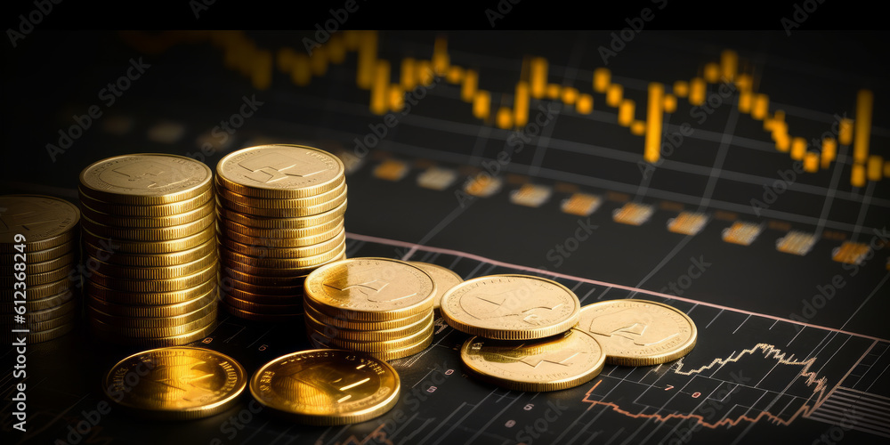 Poster on a graph with numbers and the outcomes of economic development, a group of golden pound gbp coins 