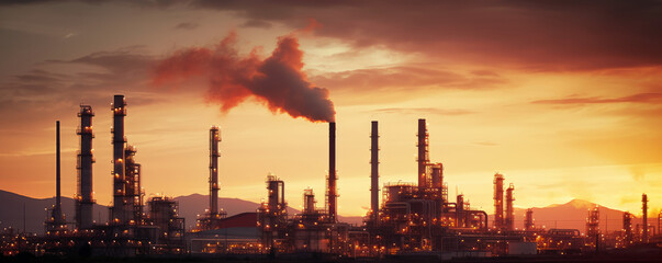 Sunrise over an industrial complex and an oil refinery with burning chimneys. Generative AI