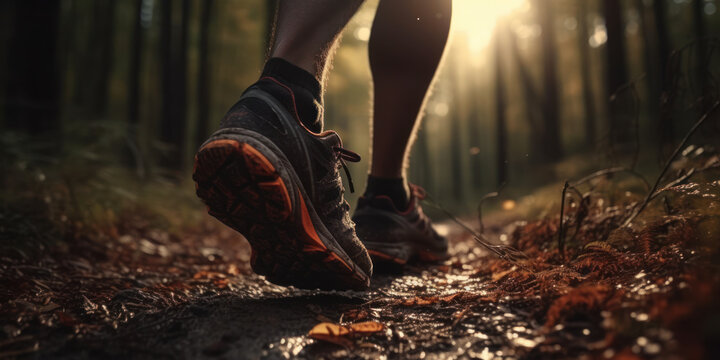 Man trail running on forest path with close up of trail runner shoes. Generative AI