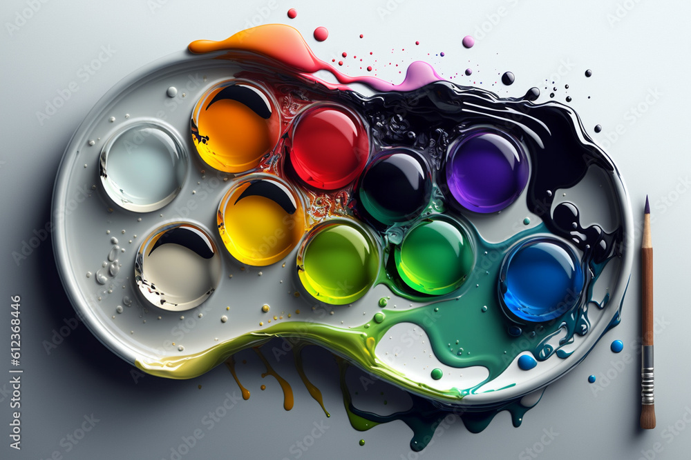 Leinwandbilder a paint palette with various colors blending and dripping together, representing the artist's experi