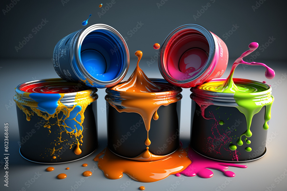 Poster A set of paint pots with different colors merging and dripping together, symbolizing the harmony and unity of artistic expression. Generative AI technology.