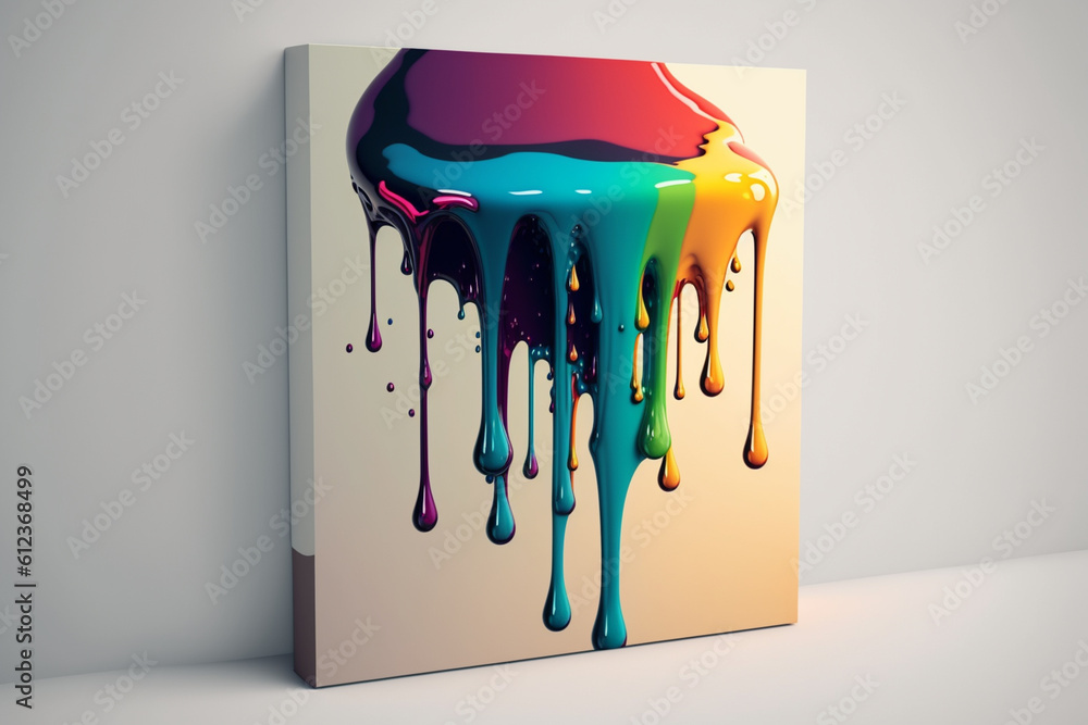 Poster A canvas with colorful paint dripping from the top, creating a visually striking and abstract composition. Generative AI technology.