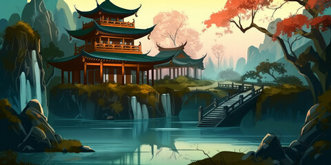 Illustration of Serene Temple amidst the Wild: An Asian Oasis by the River. Scenery of asian temple at deep nature. Generative AI