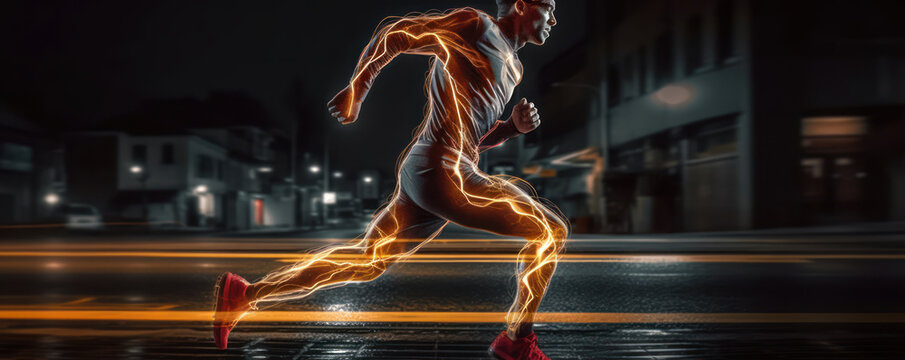 Abstract Night running man at his dynamic movement. Be Active background wallpaper. Generative AI