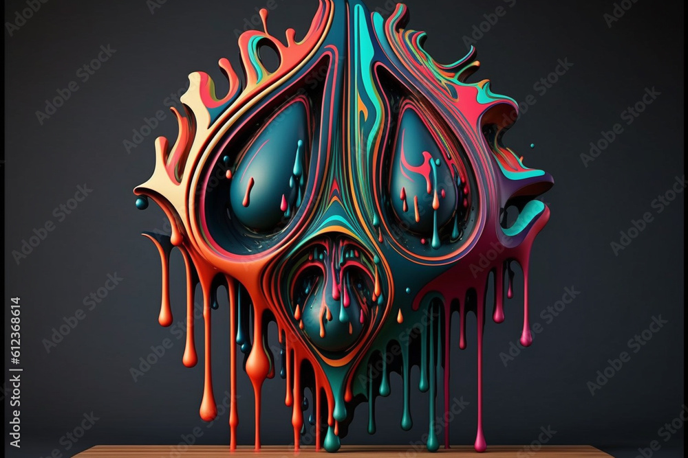 Poster a wooden sculpture with colorful paint dripping down its intricate carvings, accentuating the detail