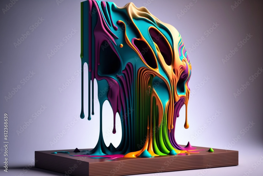 Aufkleber a wooden sculpture with colorful paint dripping down its intricate carvings, accentuating the detail