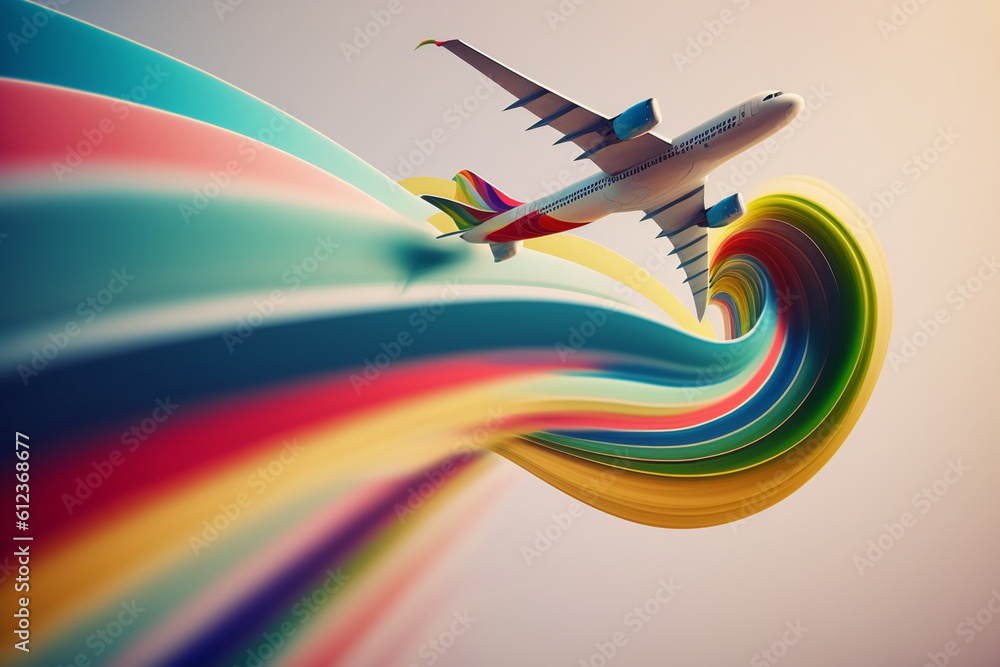 Fototapete an abstract airplane soaring through the sky, leaving behind colorful trails that symbolize the joy 