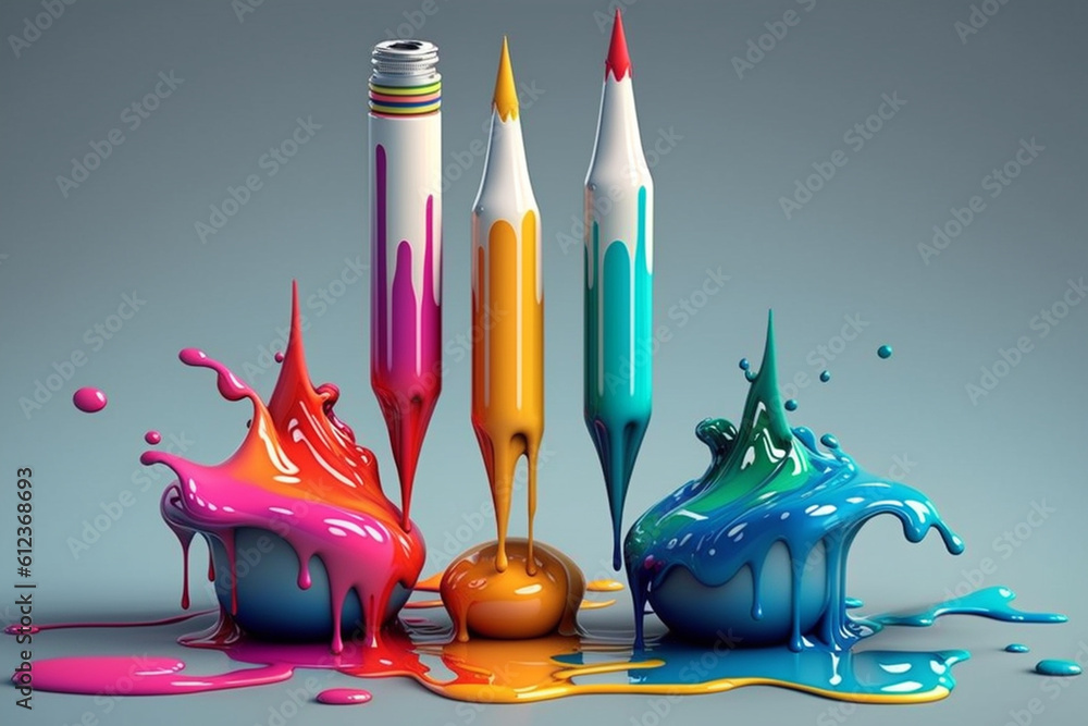 Poster A set of stationery items, such as pens and markers, with colorful paint dripping from their tips, symbolizing the merging of creativity and functionality.  Generative AI technology.