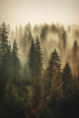 Inspirational landscape of majestic foggy pine trees forest. AI generated.