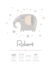 Newborn metric. Poster, height, weight, date of birth. Elephant. Vector illustration - 612368826