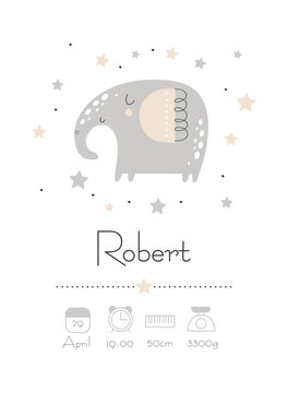 Newborn metric. Poster, height, weight, date of birth. Elephant. Vector illustration