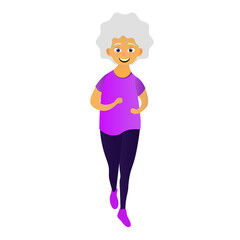 Happy old women dressed in sports clothing doing fitness, running. Active elderly woman. Cartoon character. Illustration on transparent background